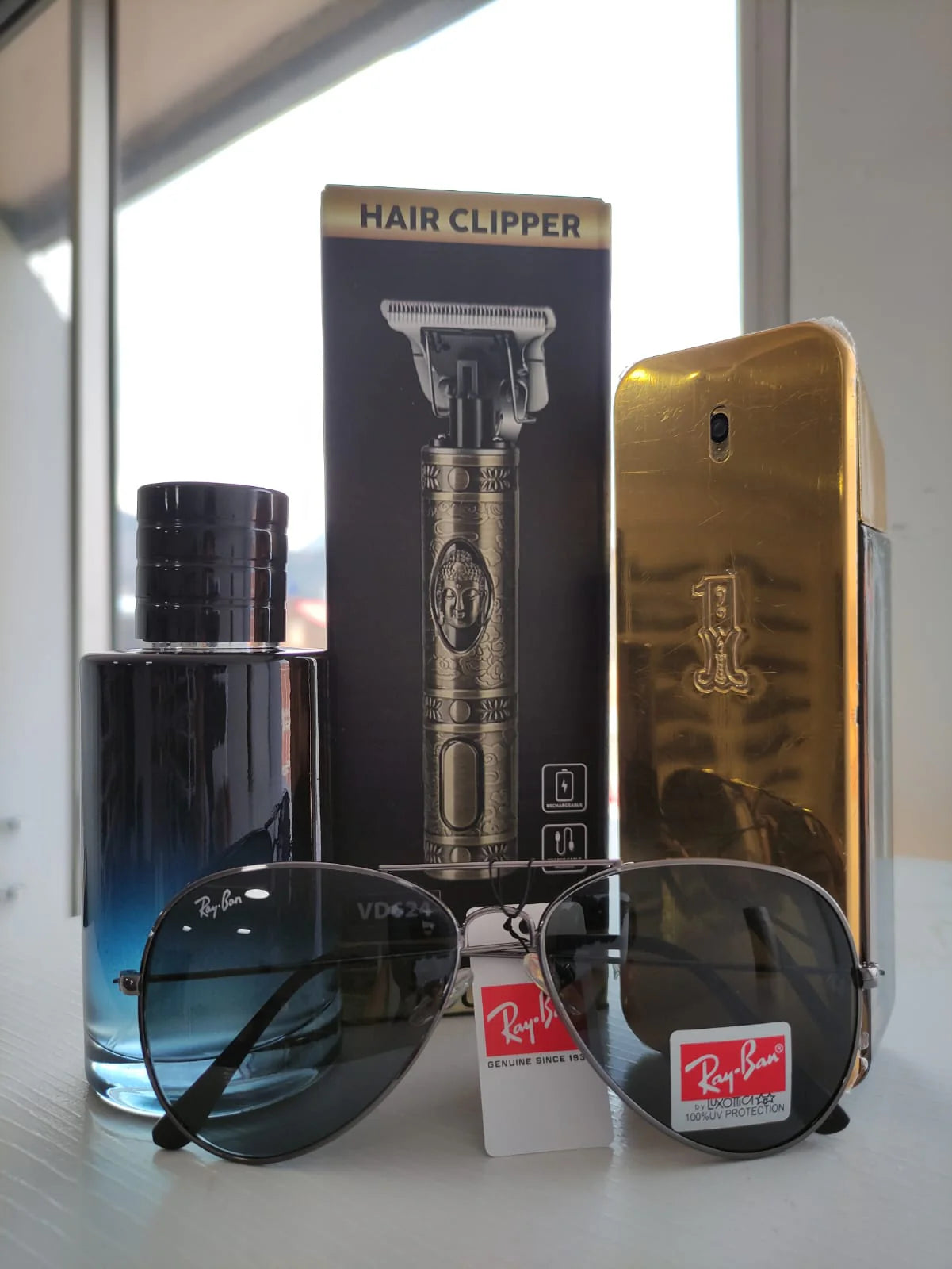 KIT HOMBRE MODERNO [ ONE MILLION + SAUVAGE +  AFEITADORA + RAYBAN AVIATOR] 😎